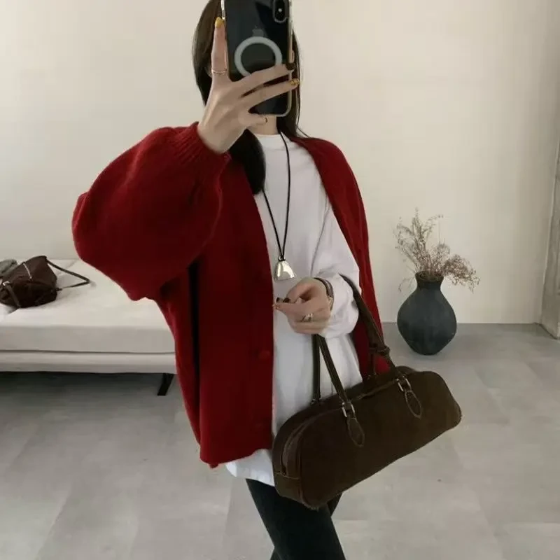 法式慵懒风立体几何圆领宽松秋冬气质针织开衫外套