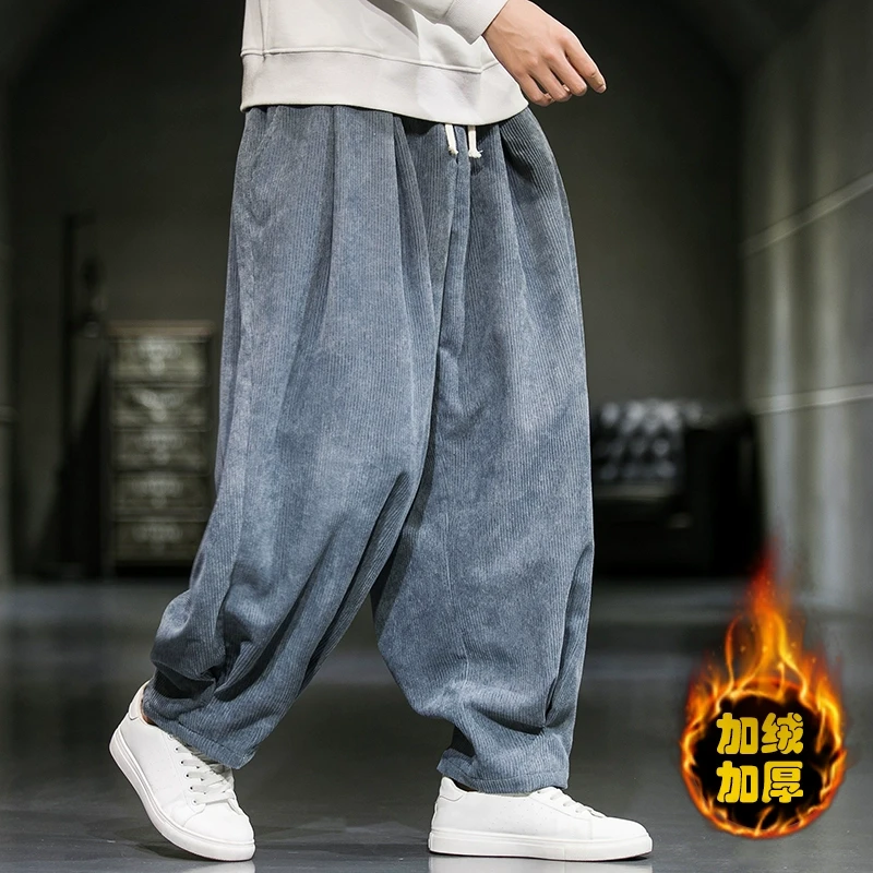 大码肥佬阔腿灯笼裤男秋冬季加绒加厚休闲裤中国风灯芯绒宽松长裤