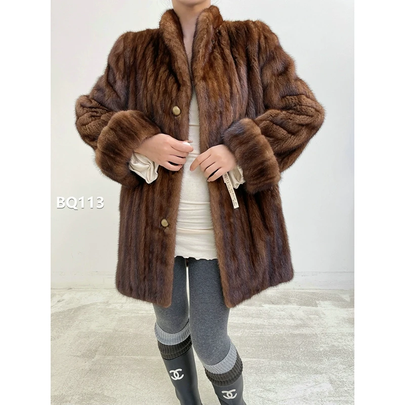【BQ113】S码 中古棕中长款全抽貂皮大衣（肩43胸102衣80袖60）