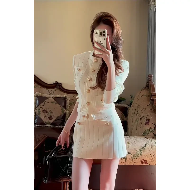 小香风套装女2025春秋富家千金显高显瘦长袖针织上衣高腰半身裙