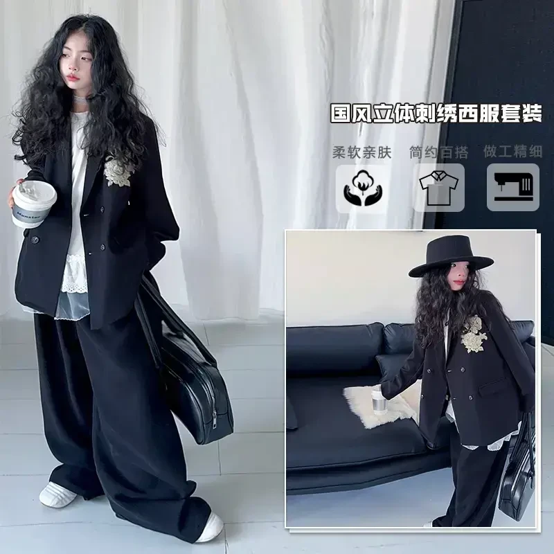 女童2025春秋西装儿童复古新中式刺绣玫瑰斜襟双排扣休闲西服外套