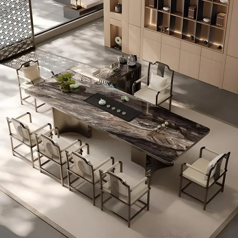 高端纯黑奢石岩板茶台茶桌椅组合客厅阳台办公室现代简约高端茶桌
