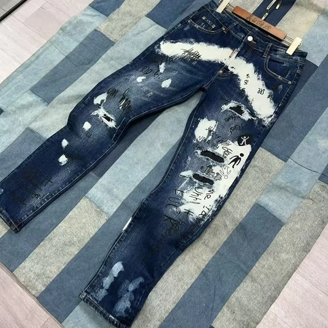 3小人D2泼墨牛仔裤男潮牌广州高版本破洞补丁牛仔裤百搭印花136-3