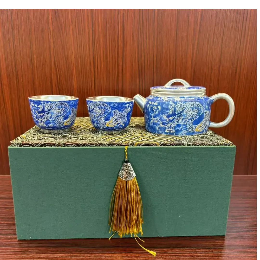 青花汉瓦龙壶瓷胎包银一壶两杯套装家用功夫茶具Z2227