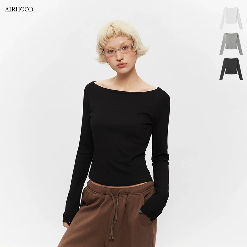 AIRHOOD新款白色打底衫正肩t恤女辣妹内搭上衣长袖修身黑色上衣