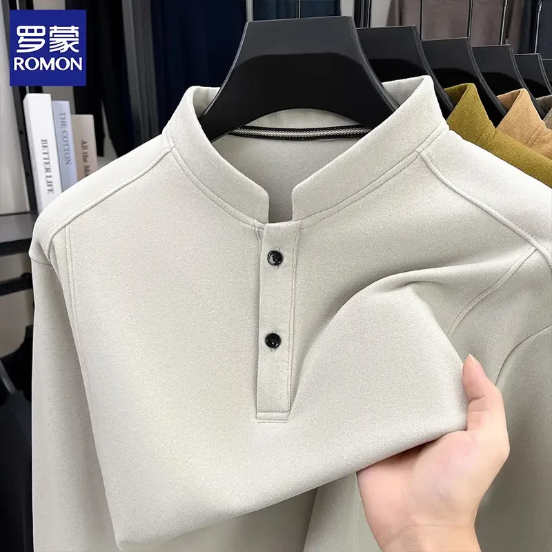 罗蒙秋冬季双面绒长袖T恤男立领纯色德绒休闲卫衣潮流男士打底衫