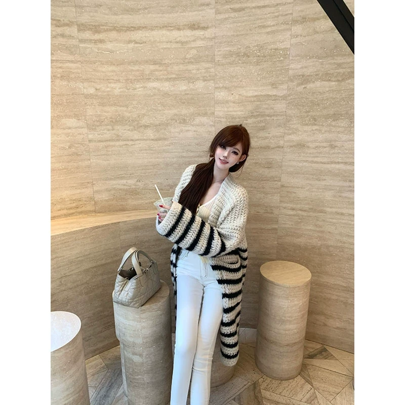 With 99jiu【条纹定律】慵懒百搭针织拼接毛衣宽松中长款开衫外套