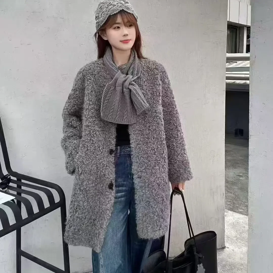 女慵懒风加厚中长款毛毛外套秋冬时尚百搭新款