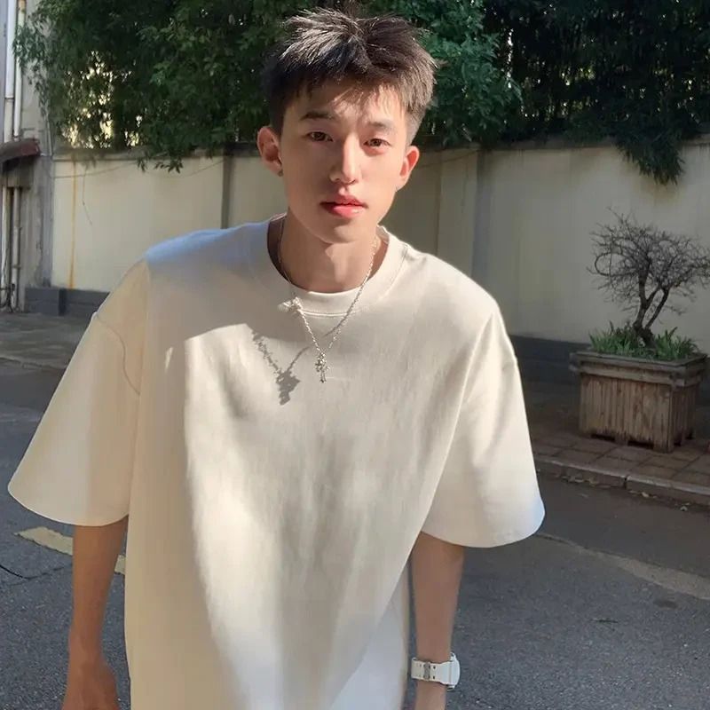 300g重磅美式白色正肩短袖男款夏季2025新款三本针T恤小领口半袖