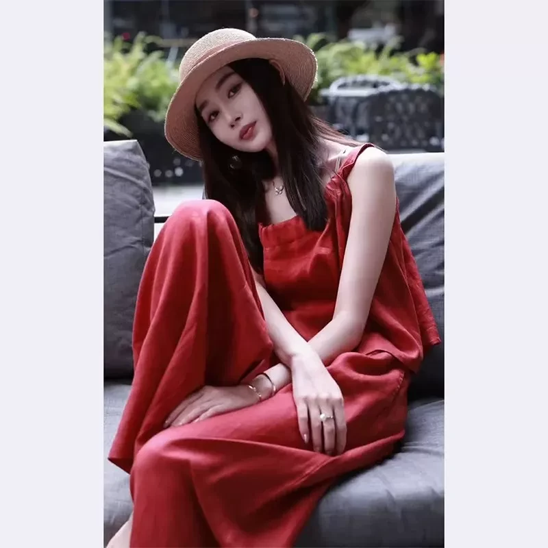 小香风红色吊带套装裤2024夏新款韩剧女主穿搭高级感显瘦两件套女