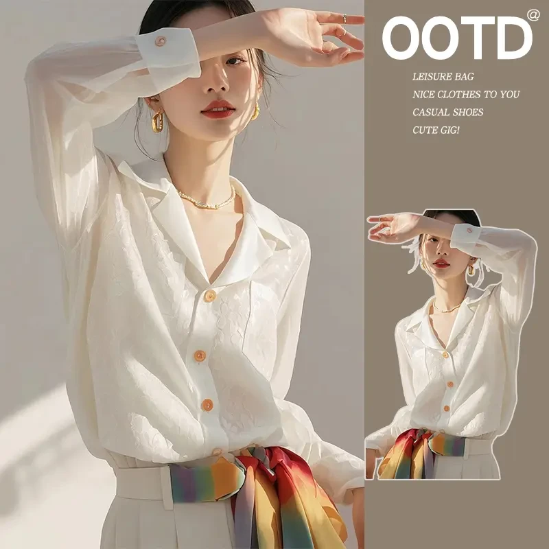 法式轻奢翻领宽松白色衬衫女设计感春秋独特别致漂亮小衫长袖上衣