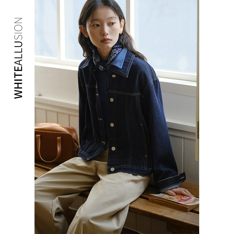 素典复古牛仔外套女2025春季新款休闲翻领宽松短款夹克上衣3501