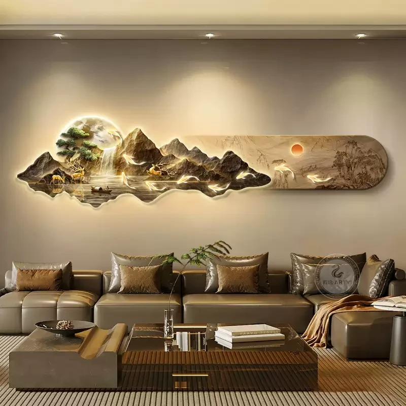 新中式客厅山水装饰画轻奢高级感九鱼图壁画灯大气沙发背景墙挂画