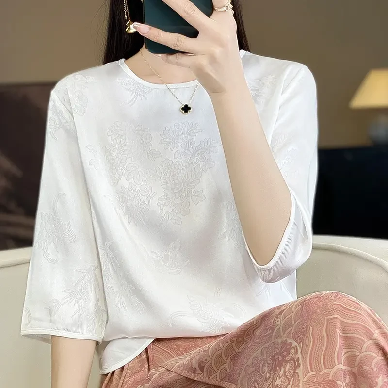 【运费补贴】100%桑蚕丝国风新中式2025春夏女装圆领短款暗提花F28