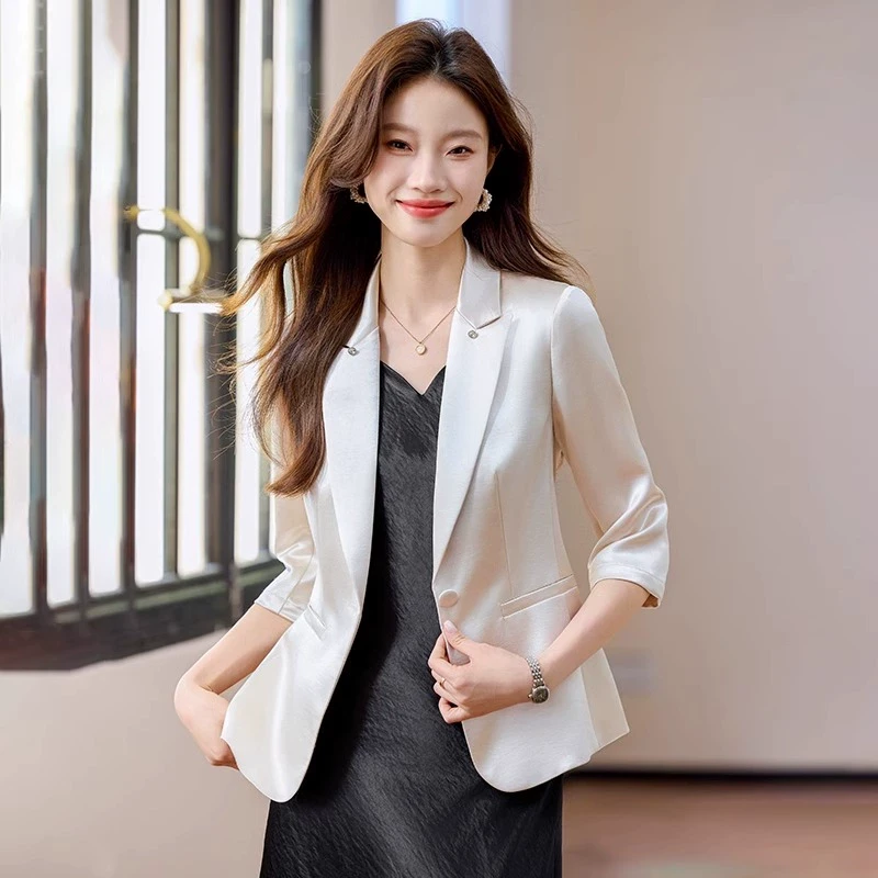 醋酸缎面薄款西装外套女2025夏季新款七分袖高级感小个子休闲西服