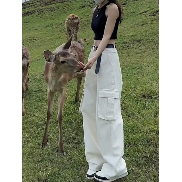 白色裤子女春夏2025年新款直筒宽松小个子高腰美式工装阔腿牛仔裤