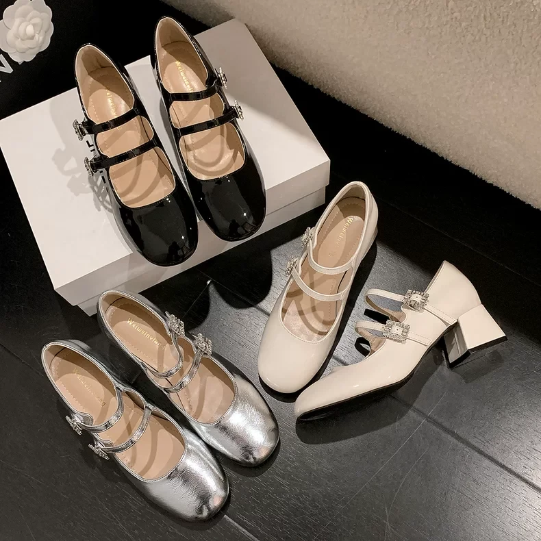 2025新款法式玛丽珍鞋女一字带粗跟单鞋女仙女风银色高跟鞋百搭潮