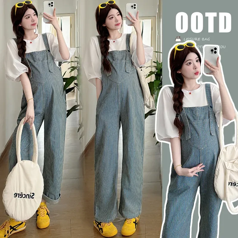 时髦孕妇装2025爆款夏季时尚孕妇穿搭精致复古打底上衣条纹背带裤