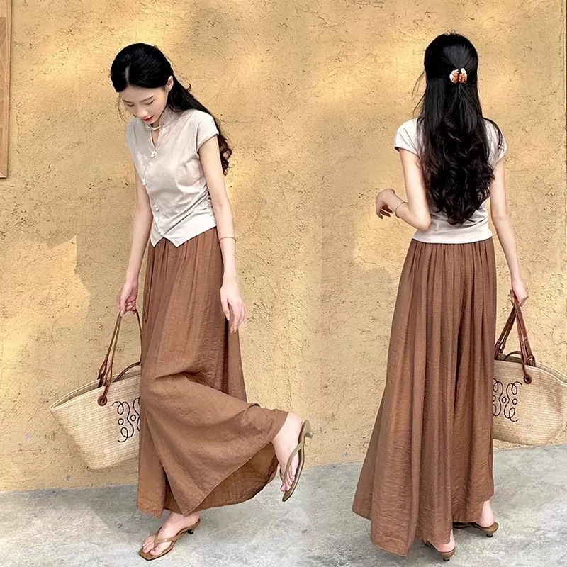 新中式国风套装女夏修身盘扣立领短袖衬衫上衣阔腿裤裙休闲两件套