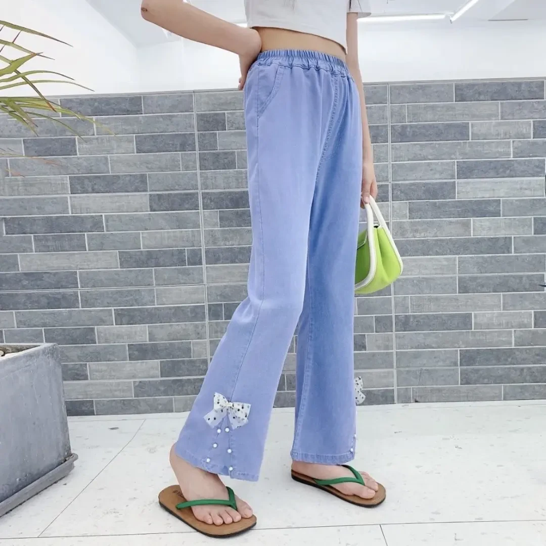 女童裤子长裤夏季薄款牛仔裤弹力中大童洋气新款天丝儿童喇叭裤子