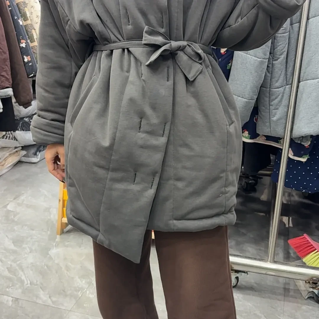 冬季中长款韩版宽松风衣款女翻领系腰带新疆棉花