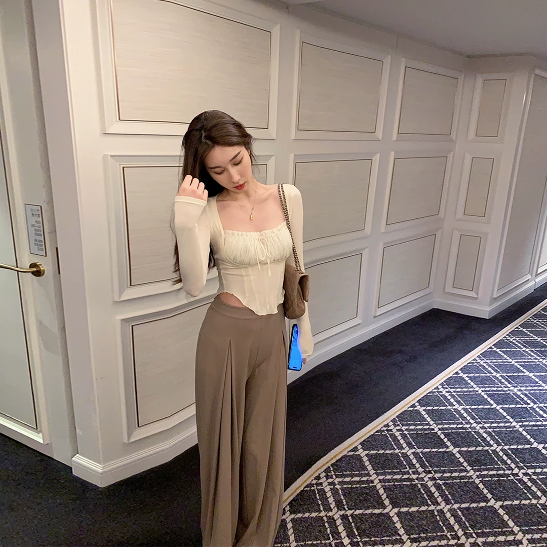 ACHI大也池白色方领拼接定染真丝长袖t恤女性感修身打底衫薄上衣