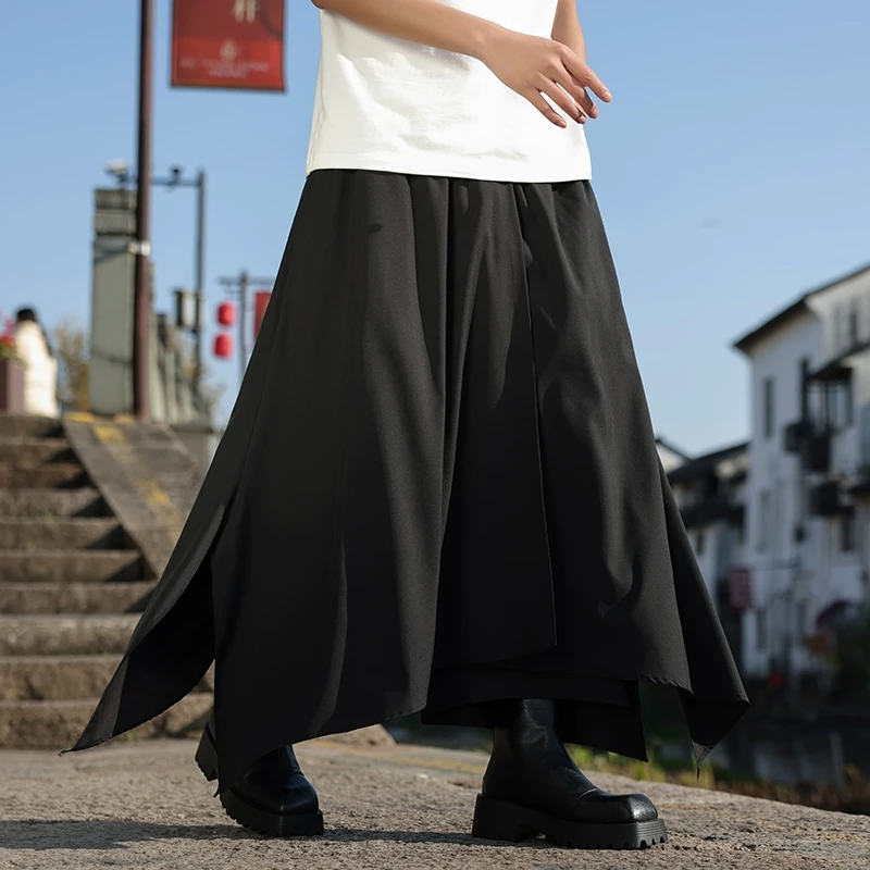 新中式国风汉服裙裤男高级感飘逸阔腿九分裤不规则大摆武士剑道裤