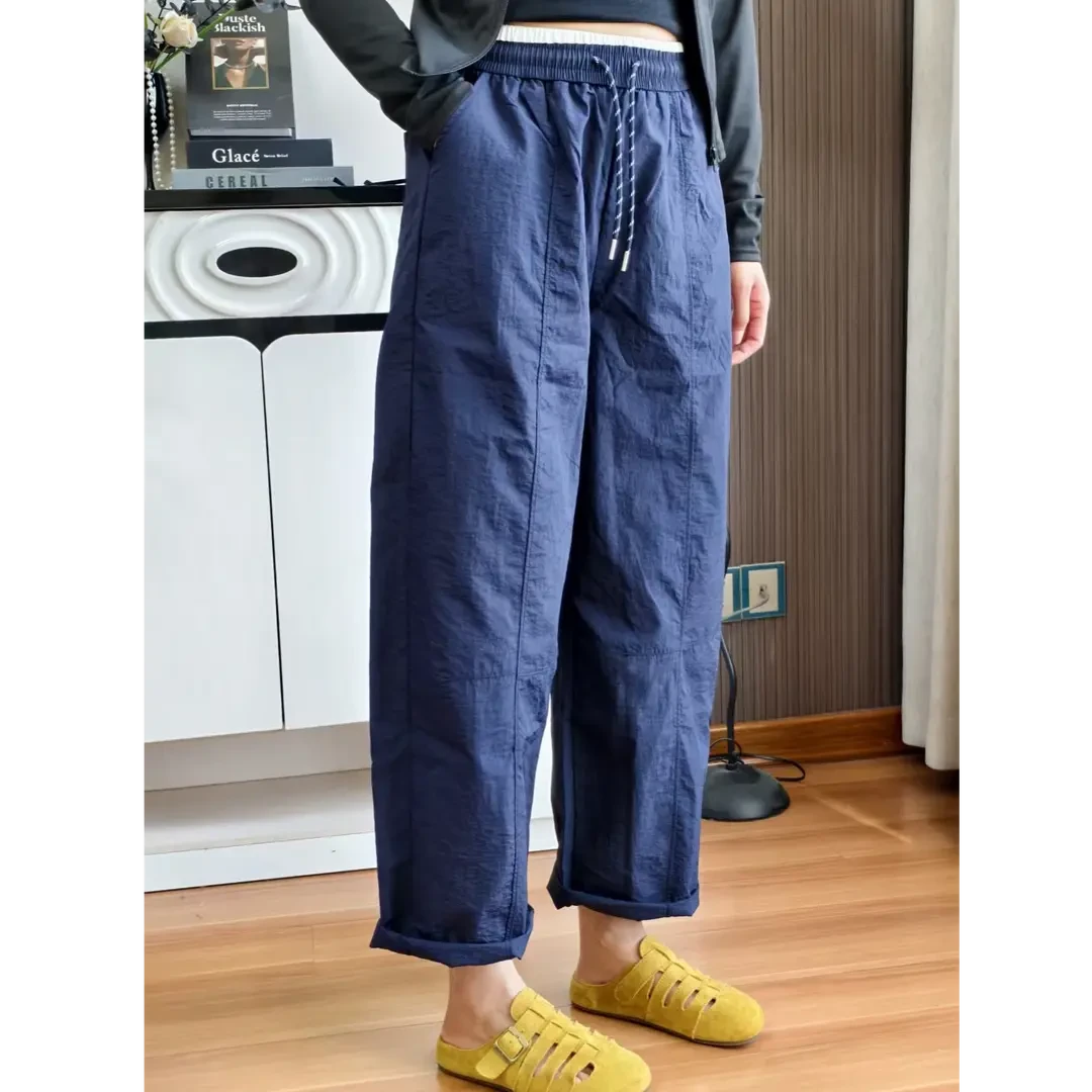 夏季上新拼腰设计感高腰抽绳哈伦阔腿裤新款潮流百搭户外运动显瘦