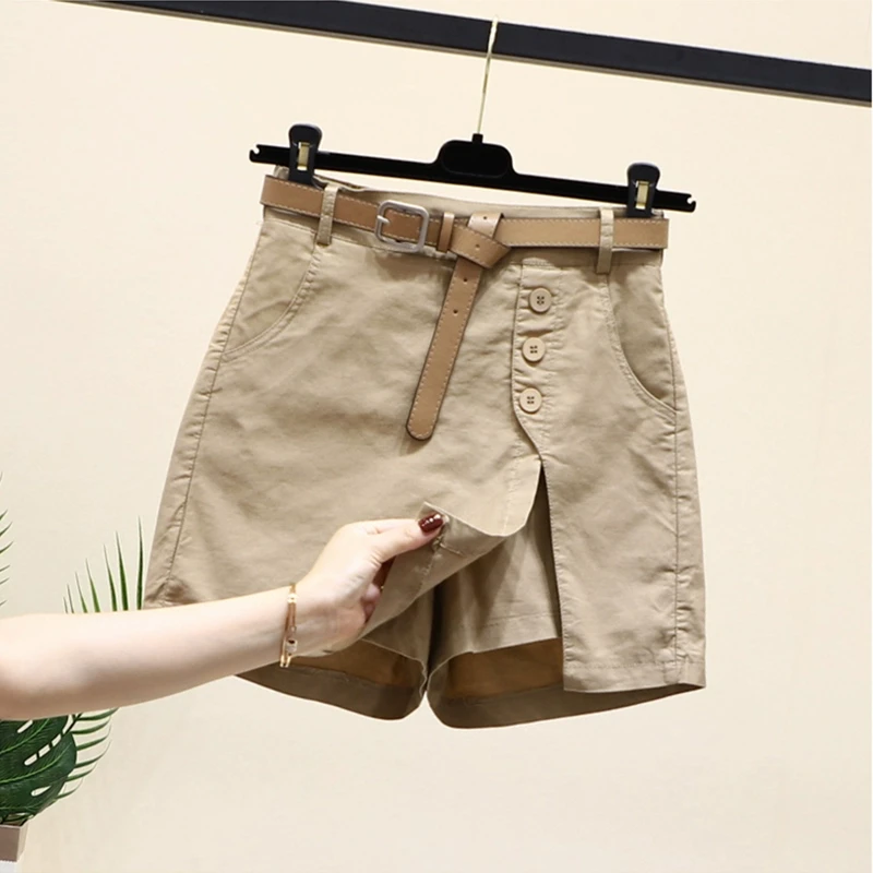 卡其色休闲工装短裤女夏季2025新款韩版百搭时尚高腰五分阔腿裙裤