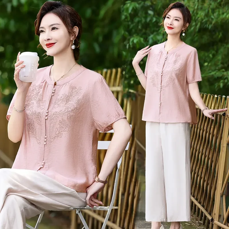 妈妈气质新中式国风短袖女夏装时尚中老年夏季洋气上衣服大码宽松