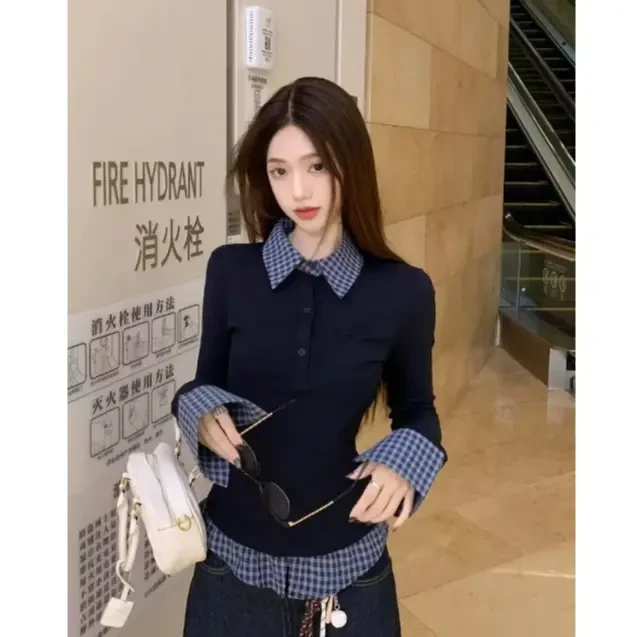 美式学院风假两件小众拼接衬衫长袖T恤女秋冬新款修身收腰上衣