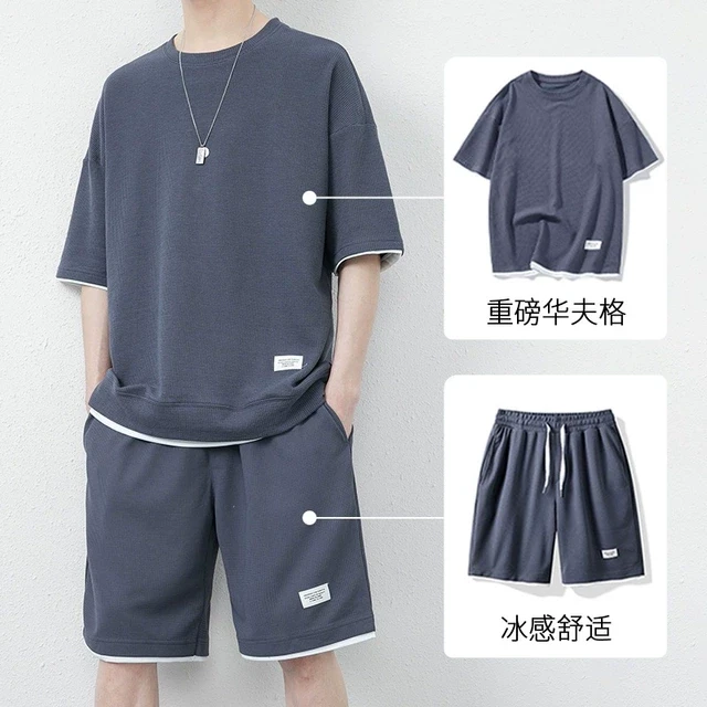 华夫格短裤套装男士夏季薄款冰丝短袖男装运动潮牌宽松休闲五分裤
