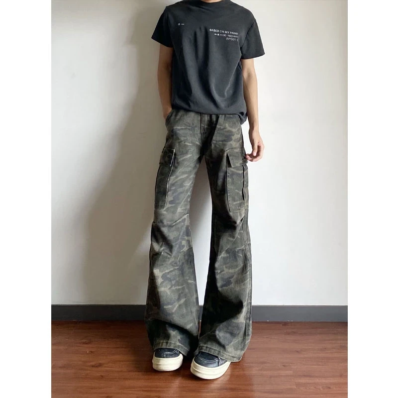 美式潮牌大口袋迷彩牛仔裤男款秋季高街痞帅直筒裤hiphop微喇裤子