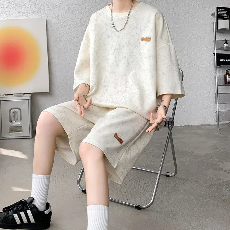 休闲百搭扎染男士套装2025夏季新款宽松运动两件套衣服男款爆款潮