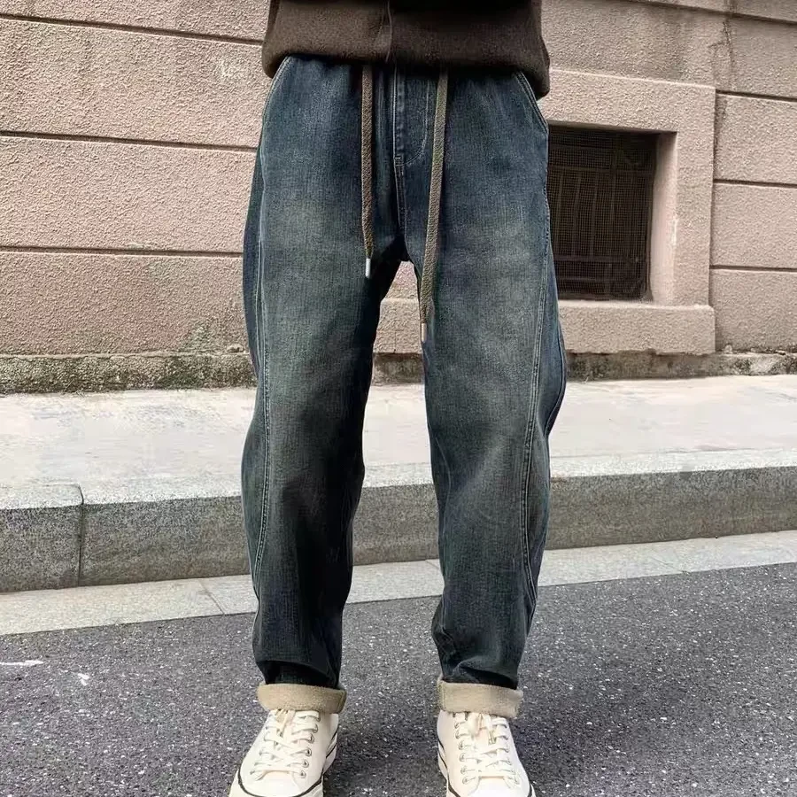新款男装松紧腰牛仔裤时尚百搭休闲长裤潮流老爹裤