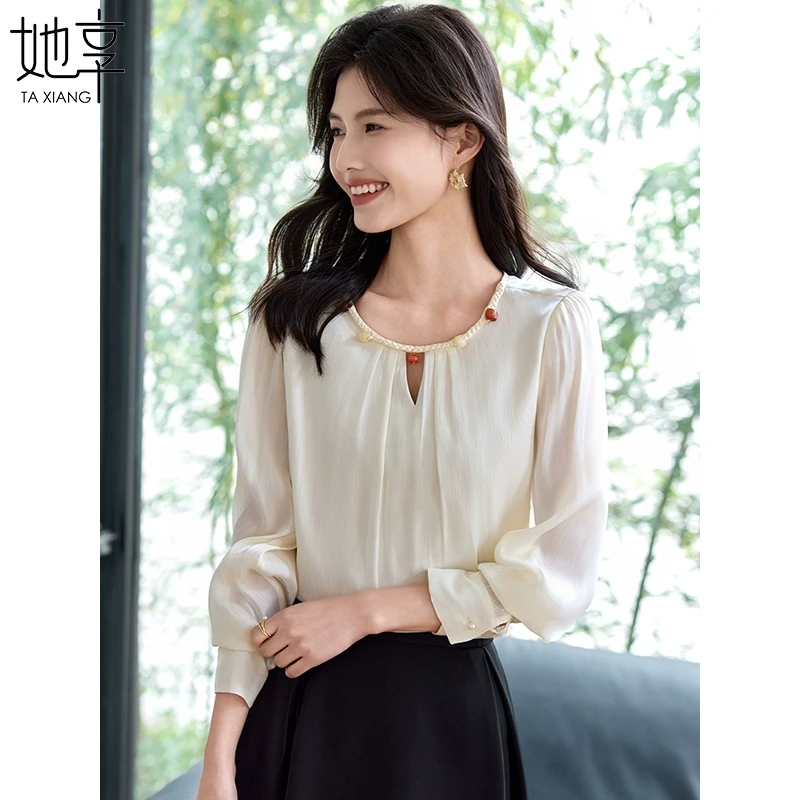 【她享】雪纺衫钉珠设计感衬衣2025春秋装长袖衬衫女上衣T51X058