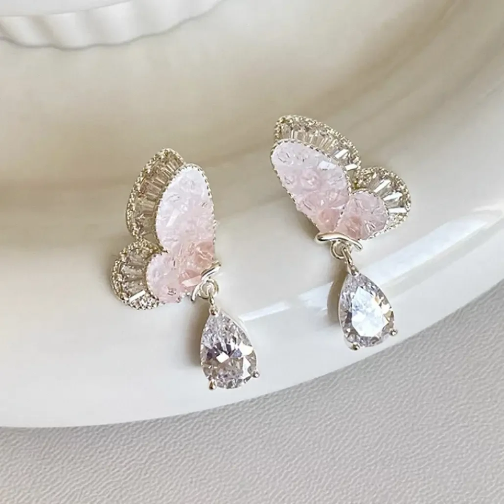 钛钢锆石耳饰 925银针仙女轻奢甜美超精致百搭耳环蝴蝶耳饰新款