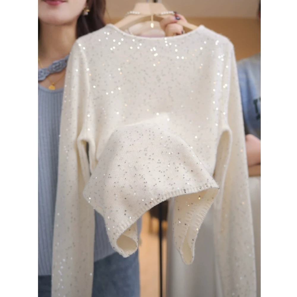 2025冬季新款纯色高级感针织衫亮片圆领套头毛衣宽松显瘦打底衫