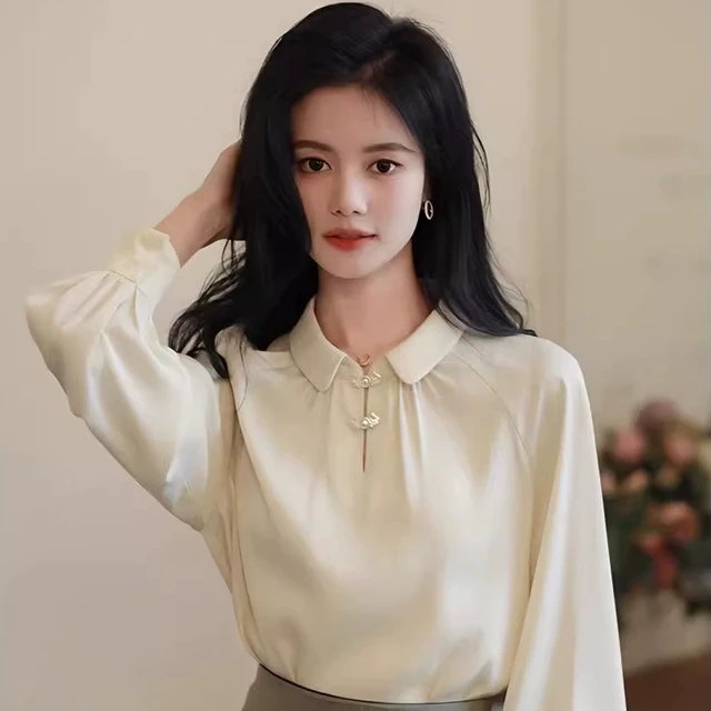 法式甜美盘扣雪纺衬衫女春秋季2024新款绝美独特上衣内搭打底衬衣