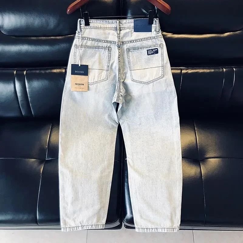 高端品质浅蓝色水洗牛仔裤男春夏美式高街潮牌vibe阔腿直筒长裤