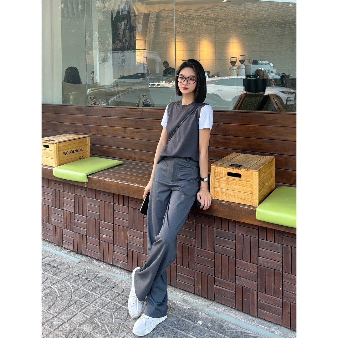 GIRDEAR/哥弟夏季冰凉薄款极简风高腰时尚显瘦小直筒裤110019女裤