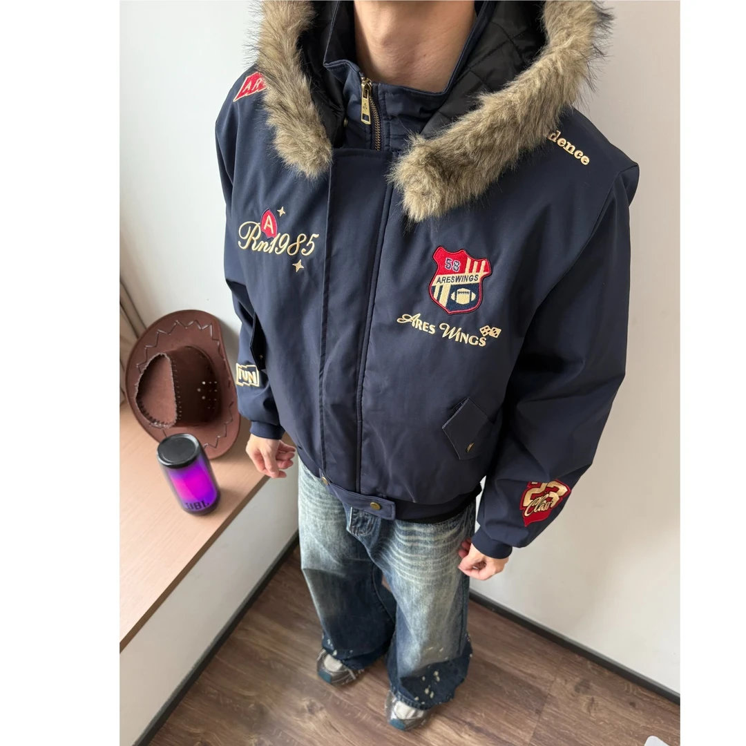 2025冬季新款美式复古刺绣徽章座山雕棉衣外套轻奢痞帅高级感男装