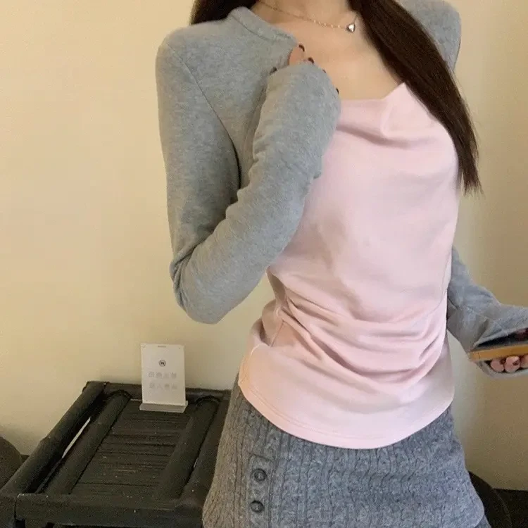 【熙浠】“松弛韩女”秋冬温柔风撞色假两件长袖打底T恤