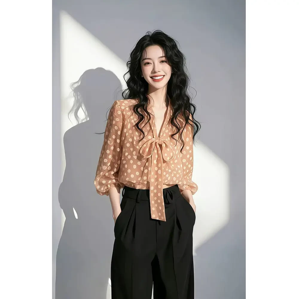 2025爆款小衫法式重要场合气质上衣橘色波点蝴蝶结系带衬衫女春季