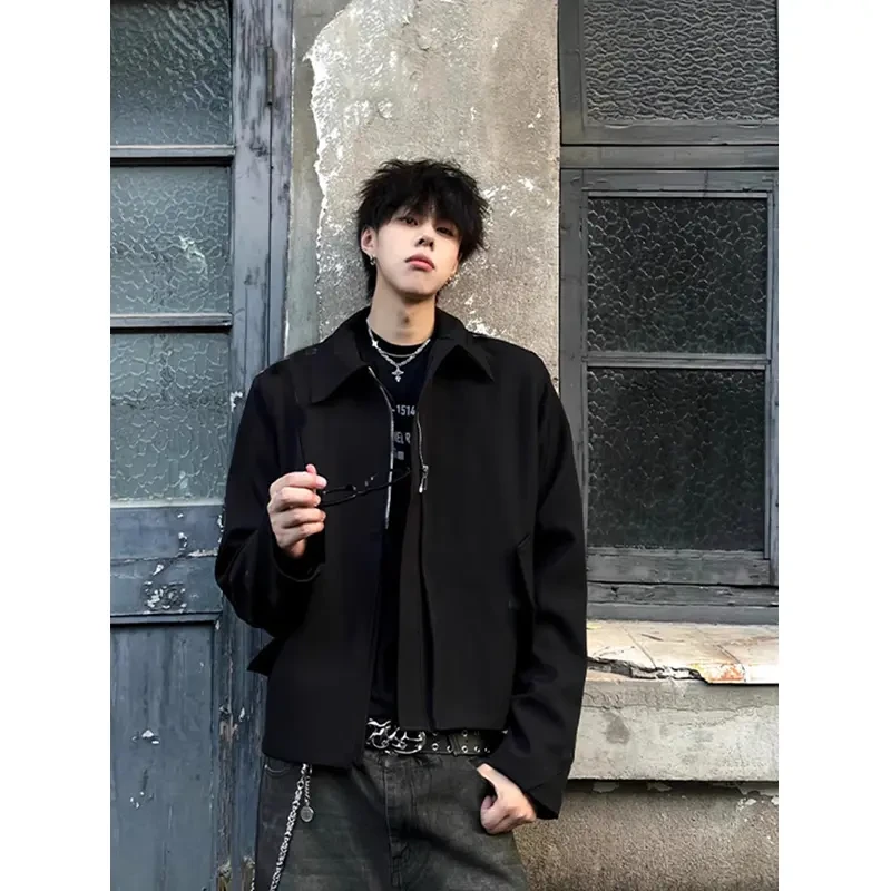 美式Cleanfit黑色短款外套男痞帅翻领正肩设计感小众高级夹克潮时