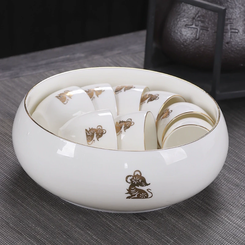 家用羊脂玉生肖茶洗杯洗德化白瓷茶杯收纳盆猪油白陶瓷描金水洗盅