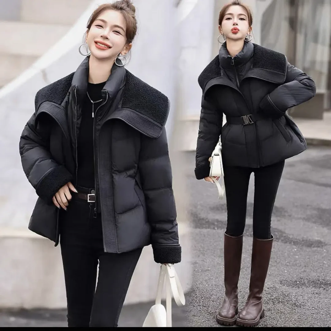 Y11收腰型保暖薄款半开领女加厚极简风拼接网红