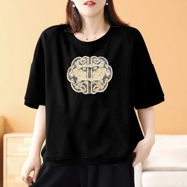 新国风短袖t恤女时尚2025夏季新款宽松大码百搭中式洋气复古上衣