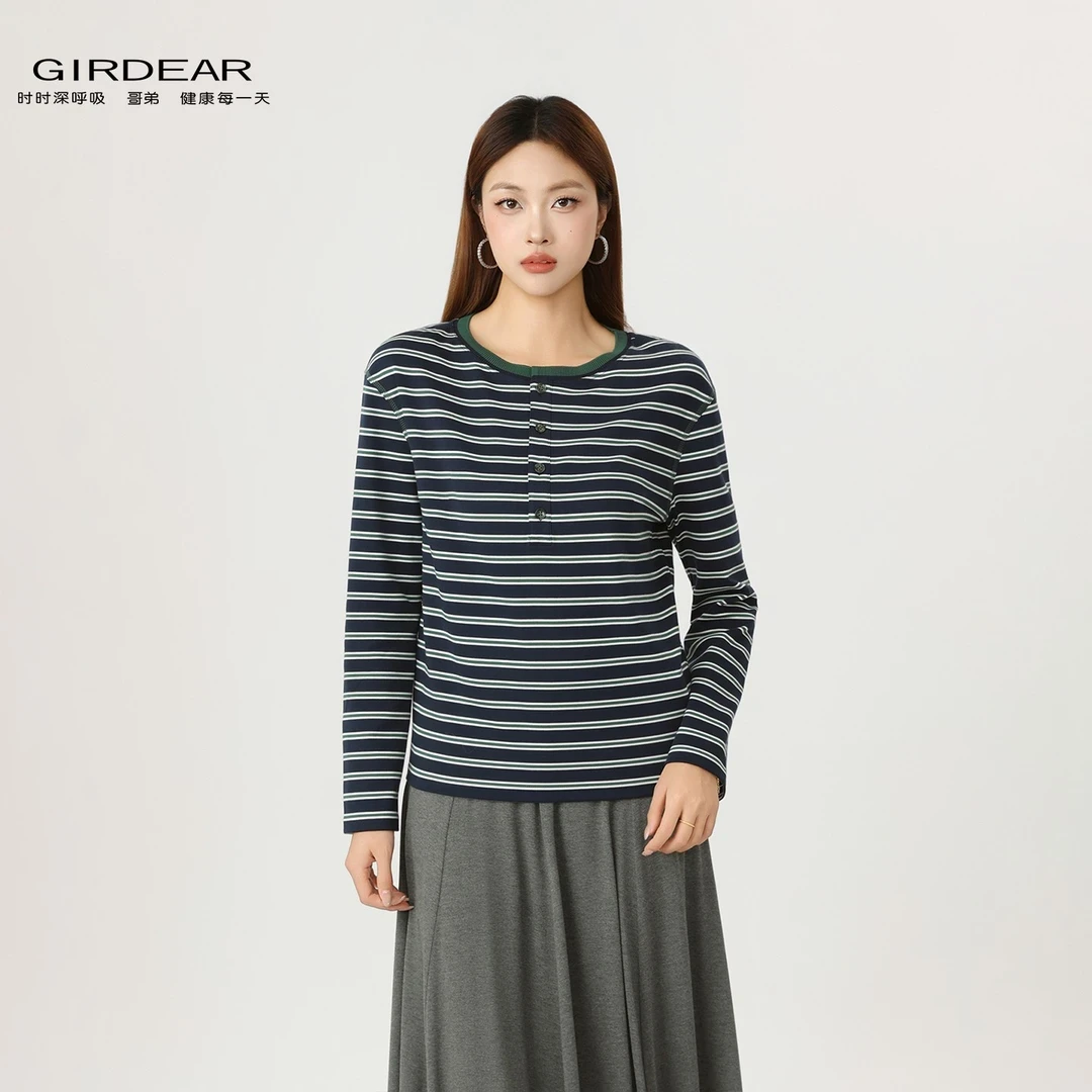 GIRDEAR/哥弟新款慵懒风百搭T恤经典条纹套头长袖针织衫女 130112