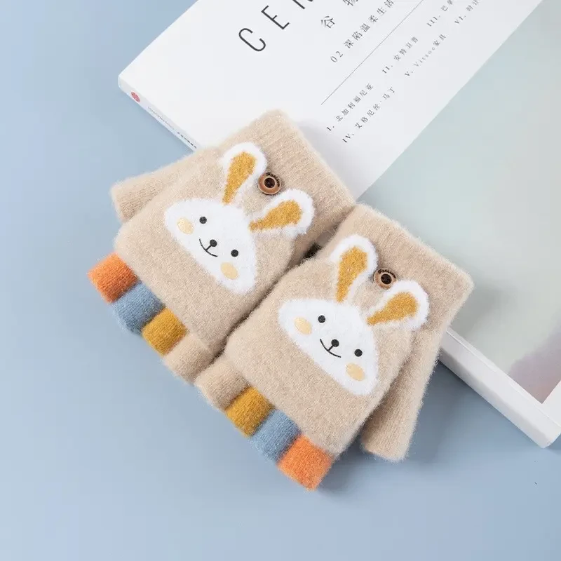 儿童手套加厚加绒冬季学生学习半指翻盖保暖手套半截手套6到11岁